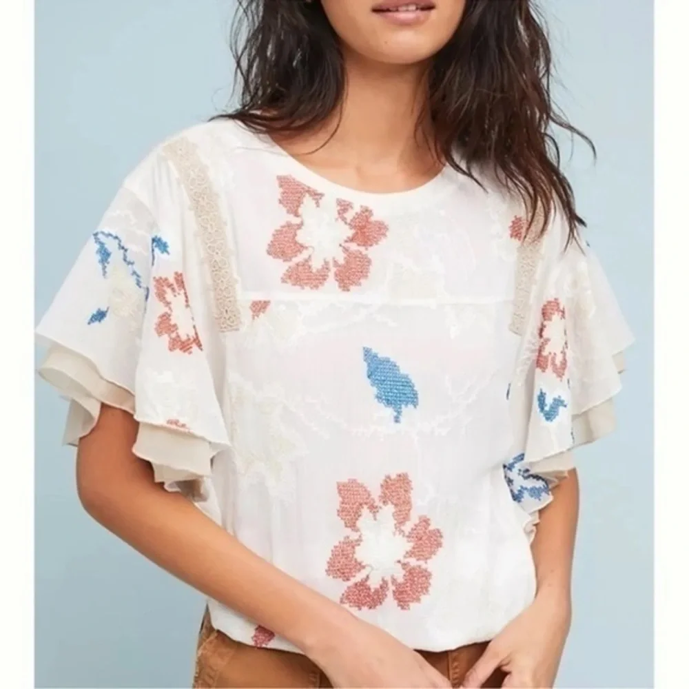 Anthropologie Tiny Embroidered flutter sleeve top